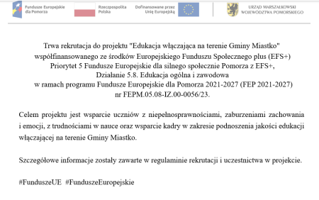 Rekrutacja do projektu ''Edukacja włączająca na terenie Gminy Miastko''